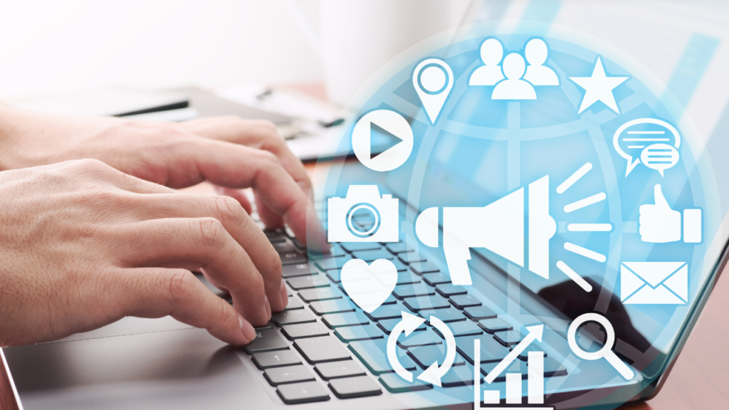 Hands typing on a laptop keyboard with a digital overlay of marketing icons representing Digital Marketing Services.